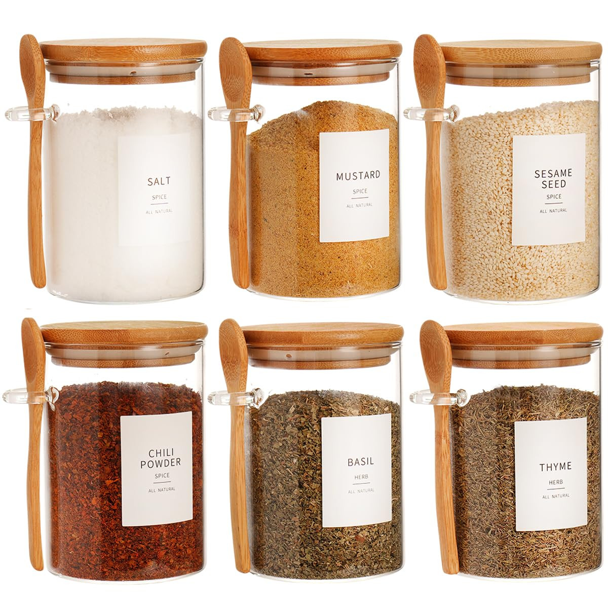 6 Pcs Glass Jar with Bamboo Lid and Spoon - 17 oz Large Sugar Container with 148 Kitchen Pantry S... | Amazon (US)