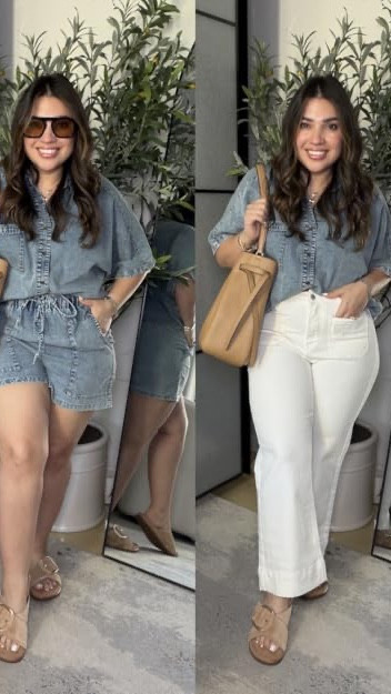 Same denim top, two chic ways to wear it and I honestly love both. One paired with denim shorts for an easy casual look, and the other with white pants for a more polished, elevated vibe. Such a versatile top for petites and so easy to style all season long. Linking my sizes below for reference.

Denim Top L
Denim Shorts 10/M
White Pants 10/M
Sandals 8
Undergarments M

#LTKStyle #LTKFinds #PetiteStyle #PetiteFashion #DenimTop #WhitePantsOutfit #DenimShortsOutfit #ChicStyle #VersatileStyle #SpringOutfits #SummerStyle #EverydayOutfit #PetiteOutfitIdeas #ClassicStyle