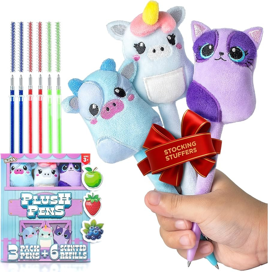 BUNMO Cute Pens 3 Pack - Stocking Stuffers for Kids - 6 Scented & Glittery Refills - Plush Fun Pe... | Amazon (US)