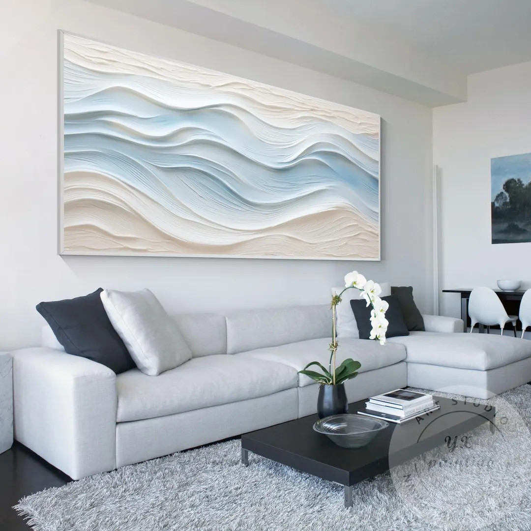 Large Abstract Textured Wave Painting, Minimalist Neutral Beige and Blue Canvas Wall Art, Ocean-i... | Etsy (US)