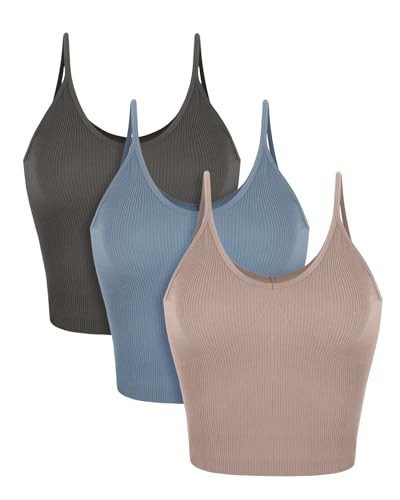 ODODOS 3-Pack V Neck Seamless Crop Tank for Women Ribbed Knit Soft Cropped Camisole Tops, Charcoal+Dusty Blue+Bark, Medium/Large | Amazon (US)