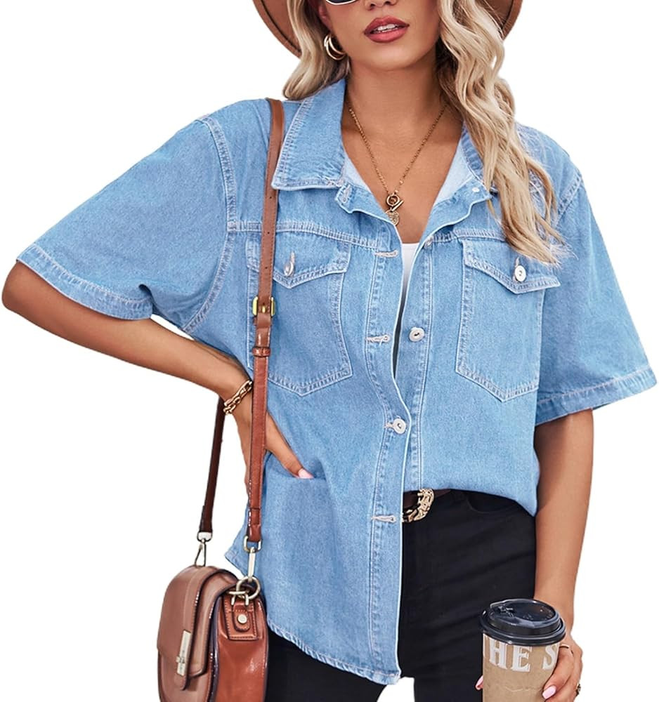 Women's Short Sleeve Denim Shirt Button Up Top Denim Boyfriend Fashion Pocket Western Spring Butt... | Amazon (US)