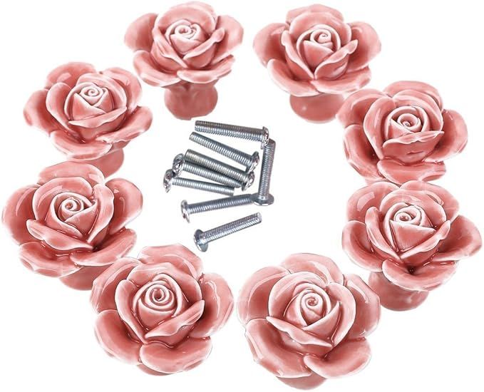 BaodeLi 8PCS White/Pink Ceramic Vintage Floral Rose Door Knobs Handle Drawer Kitchen + Screw (Pin... | Amazon (US)