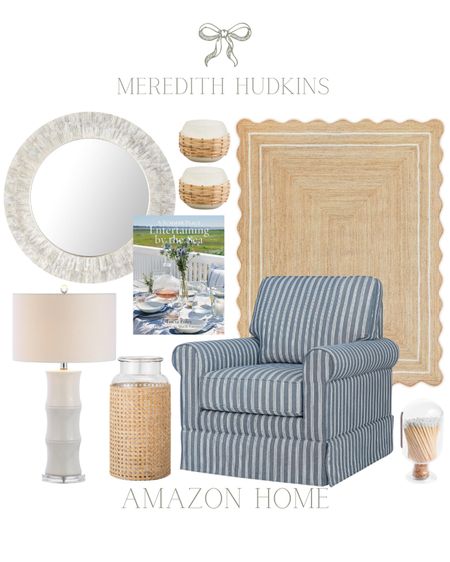 Meredith Hudkins, preppy, classic, timeless, traditional home decor, coastal home decor, blue accent chair, strip chair, upholstered chair, round mirror, entryway, bedroom decor, furniture, table lamp, lighting, jute scalloped rug, area rug, entertaining by the sea coffee table book, rattan vase, seagrass vase, matches, living room


#LTKhome #LTKfindsunder50 #LTKsalealert