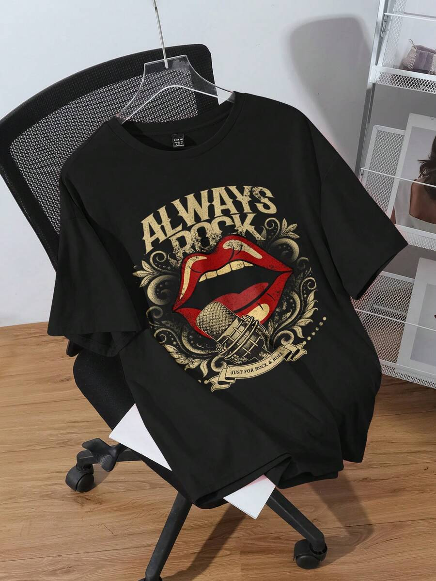SHEIN EZwear Plus Size Vintage Lips Print Graphic Round Neck Short Sleeve Loose T-Shirt For Plus ... | SHEIN
