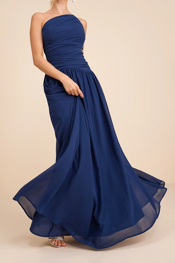 Marcela Navy Blue Ruched One-Shoulder Maxi Dress | Lulus