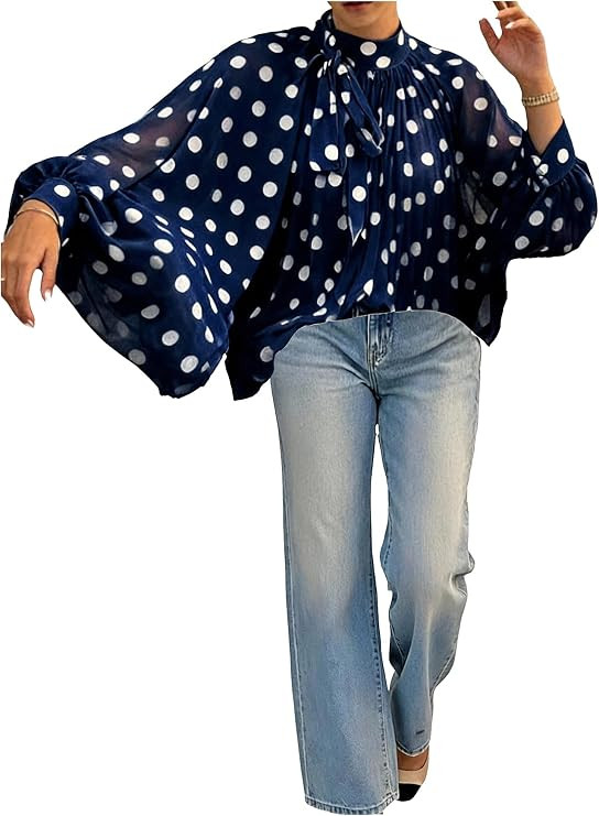 Floerns Women's Polka Dots Bishop Sleeve Shirts Tie Neck Mesh Dressy Casual Blouse Tops | Amazon (US)