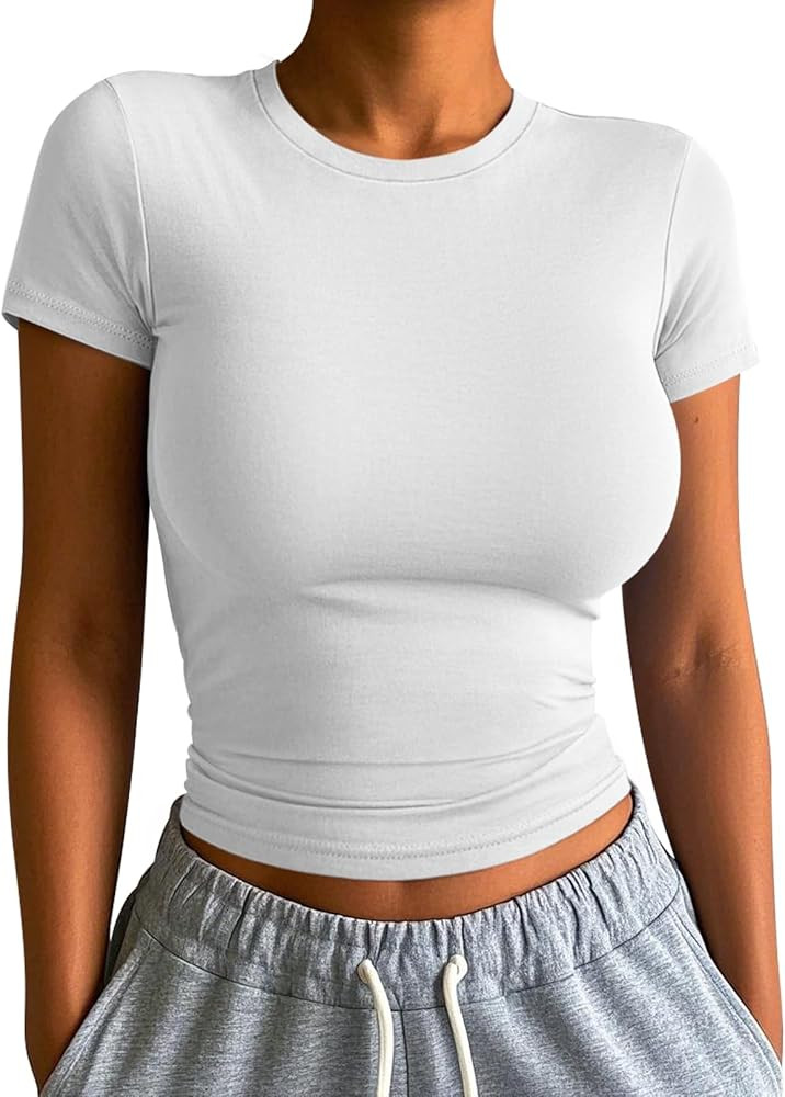 ATHMILE Womens Basic T-Shirts Going Out Crop Tops Tight Slim Fit Cute Teen Girls Short Sleeve/Lon... | Amazon (US)