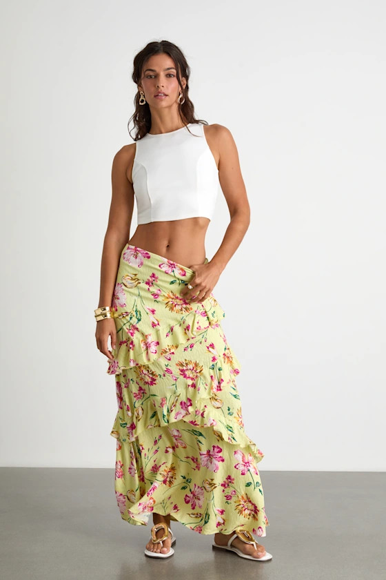 Revina Lime Green Floral Ruffled High-Rise Maxi Skirt | Lulus