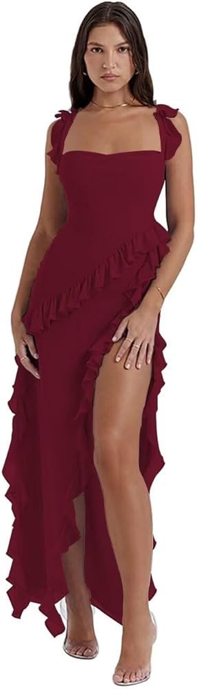 Strapless Tight Ruffle Bridesmaid Dresses for Women 2024 Long prom Dress with Slit Chiffon Sweeth... | Amazon (US)