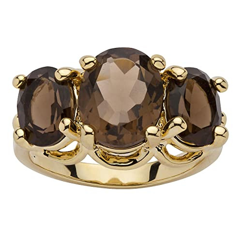 PalmBeach Yellow Gold-plated Oval Cut Genuine Smoky Quartz 3-Stone Ring Sizes 5-10 | Amazon (US)