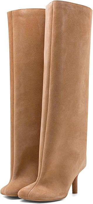 Women's Knee High Suede Boots for Women Wide Calf Square Toe Stiletto Heels Tall Boots Pull On Hi... | Amazon (US)