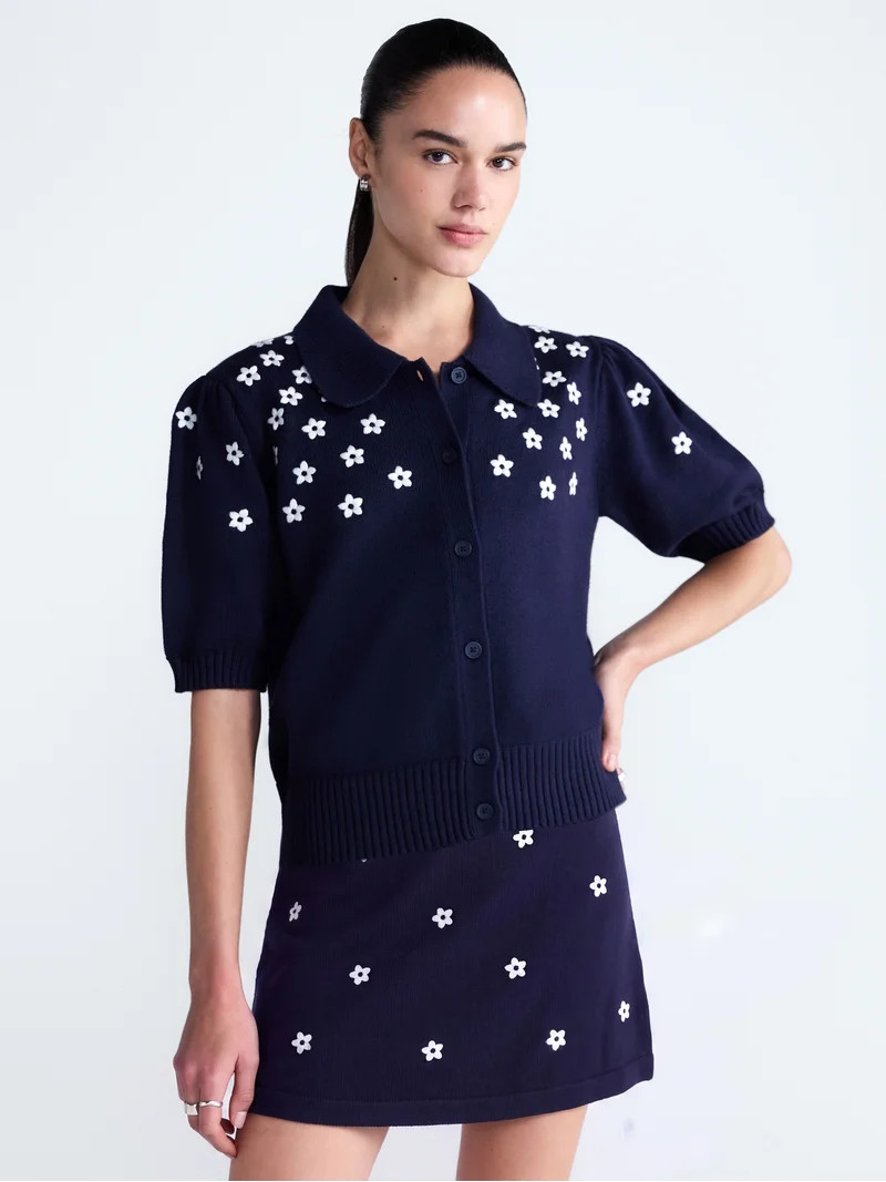 Free Assembly Women's and Women's Plus Embroidered Cardigan Sweater with Elbow Sleeves, Sizes XS-... | Walmart (US)