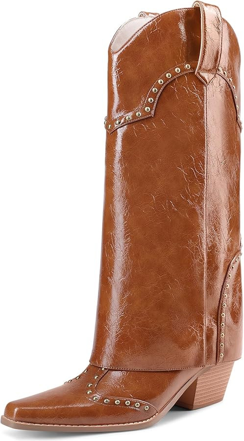 Women Shark Boots Fold Over Mid Calf Chunky Heel Snip Toe Cowboy Cowgirl Pull On Studded Boots fo... | Amazon (US)