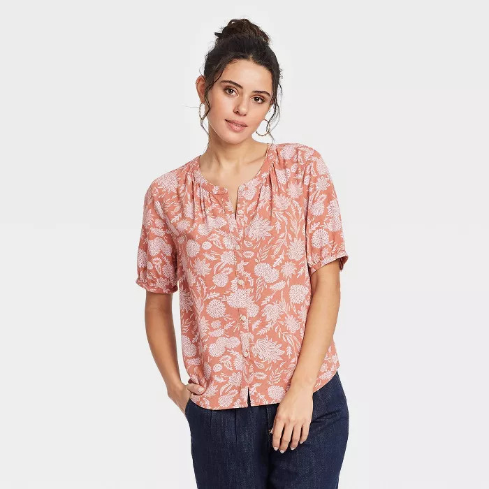 Women's Short Sleeve Tie-Front Button-Down Blouse - Universal Thread™ Brown Floral XS | Target