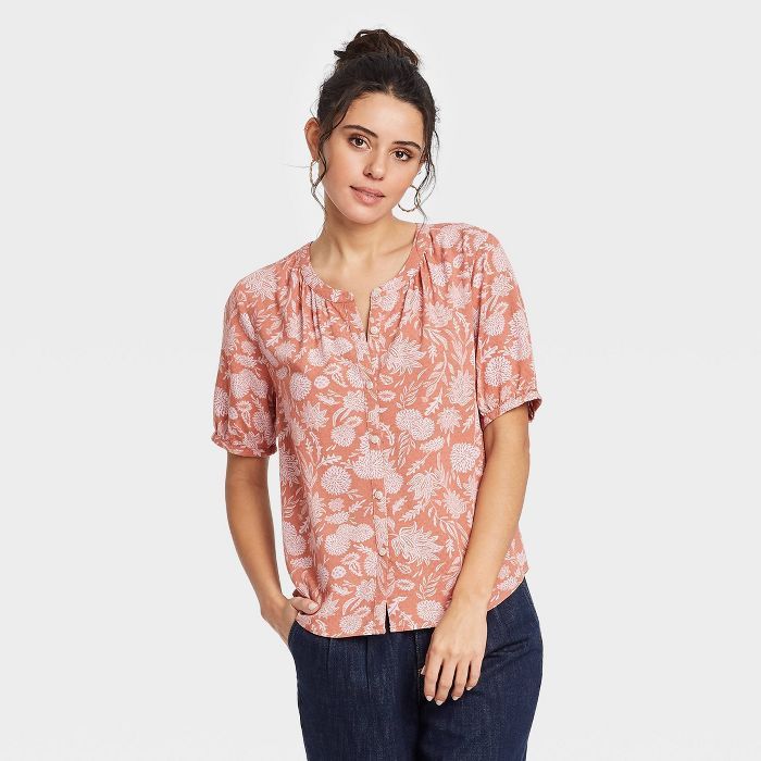 Women&#39;s Short Sleeve Tie-Front Button-Down Blouse - Universal Thread&#8482; Brown Floral XS | Target