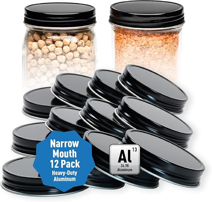 AllSpice Rust-Proof Narrow Mouth Aluminum Metal Mason Jar Lids Leak-Proof 12-Pack (Black) | Amazon (US)