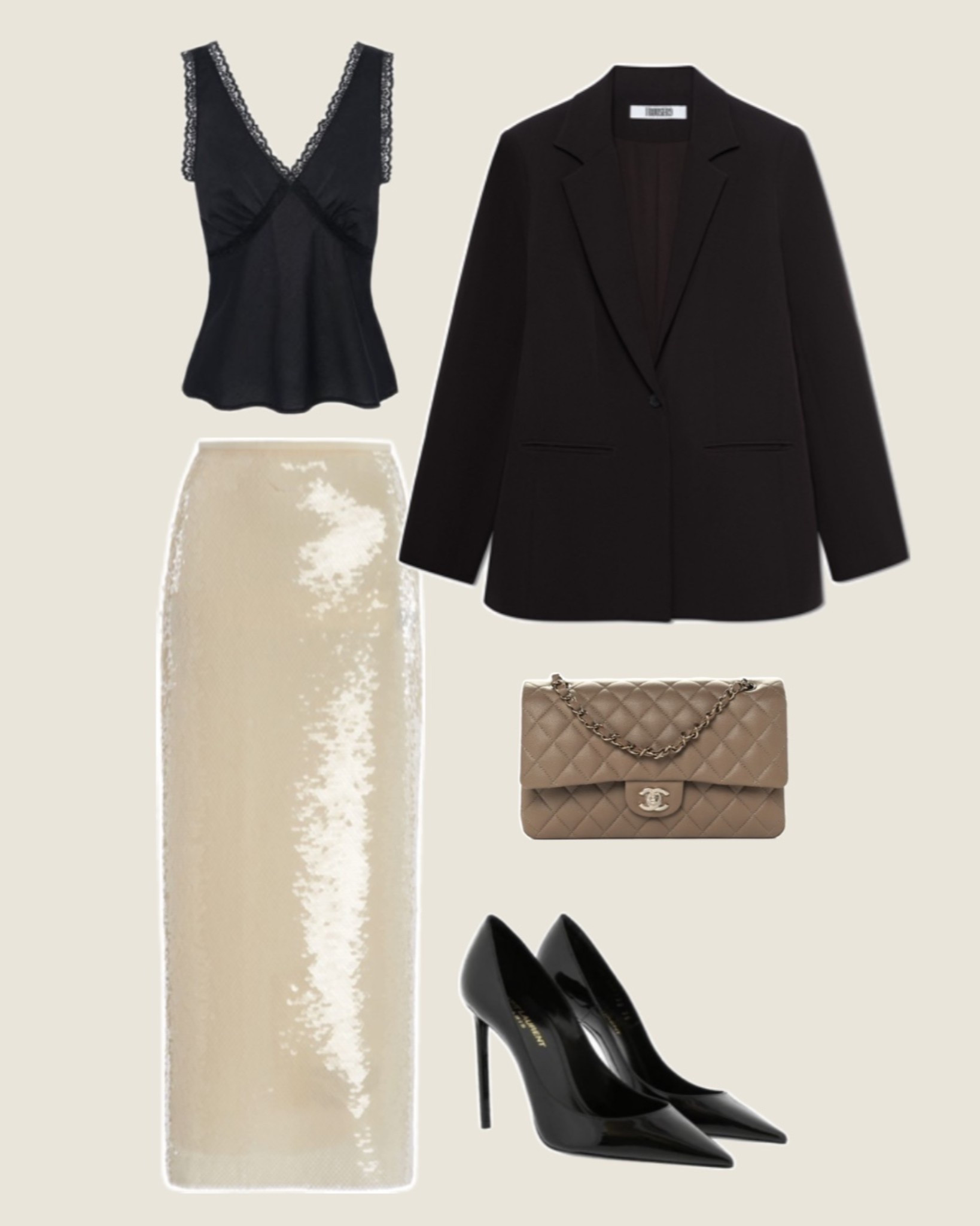 Date night outfit idea, cream sequin midi skirt, blazer outfit idea, black blazer outfit, going out fit, office outfit 

#LTKValentine #LTKWorkwear