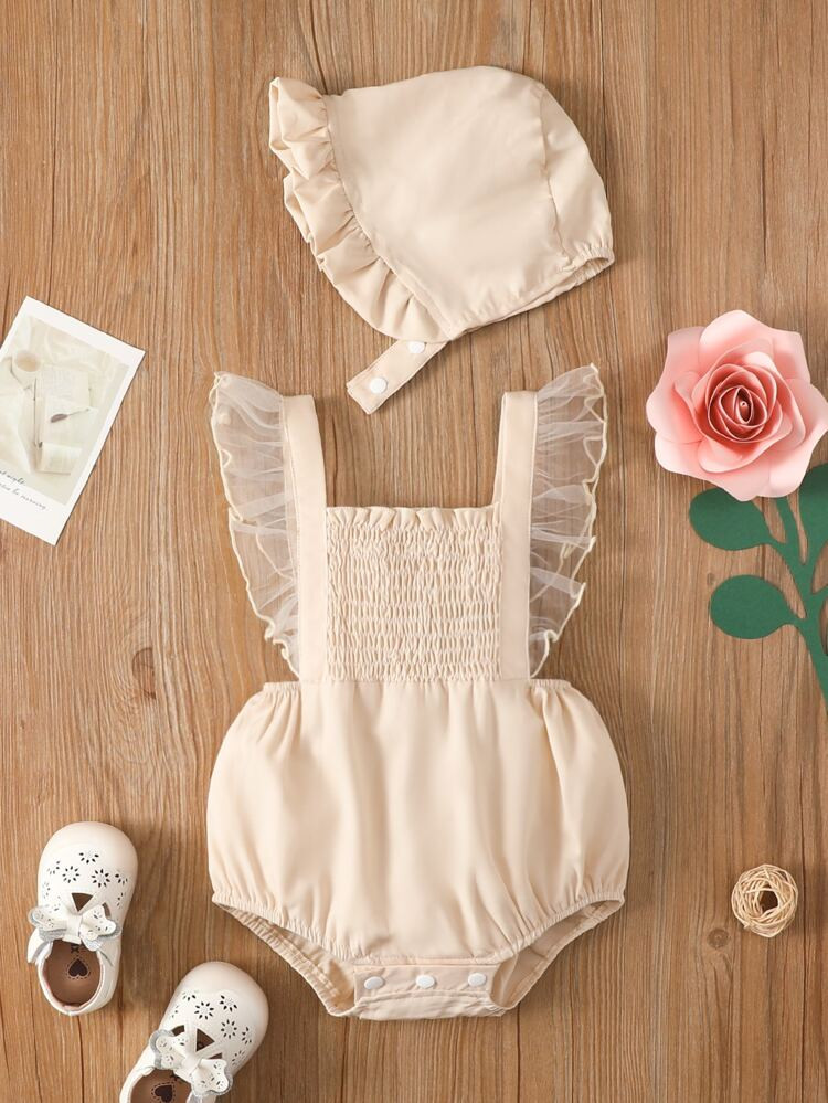 Baby Contrast Mesh Shirred Overall Bodysuit With Hat | SHEIN