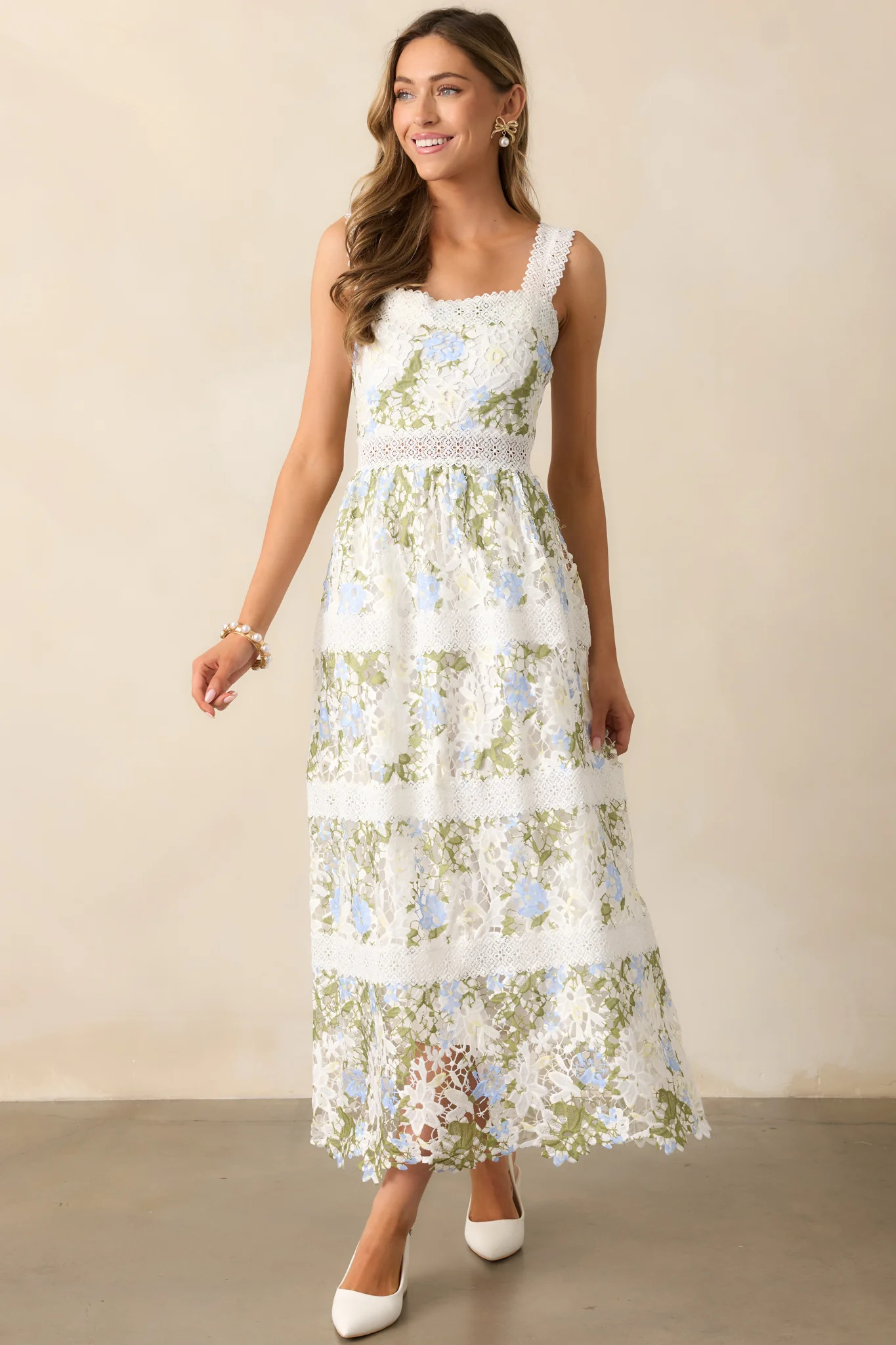 Spring Romance Ivory Floral Embroidered Midi Dress | Red Dress
