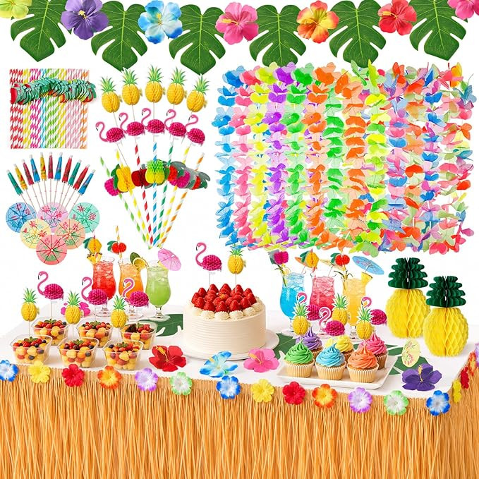Hawaiian Party Decorations Set, Hawaiian Luau Grass Table Skirt, 12PCS Garlands, Hawaiian Flowers... | Amazon (UK)