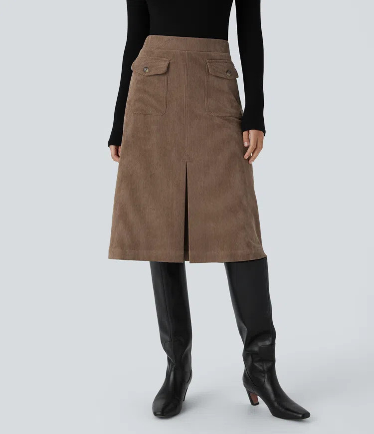 Women’s Mid Rise Front Side Flap Pocket Midi Corduroy Casual Skirt - Halara | HALARA