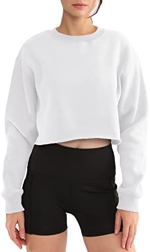 Amazhiyu Women' s Pullover Cropped Sweatshirt Crew Neck Long Sleeve Fleece Crop Tops | Amazon (US)