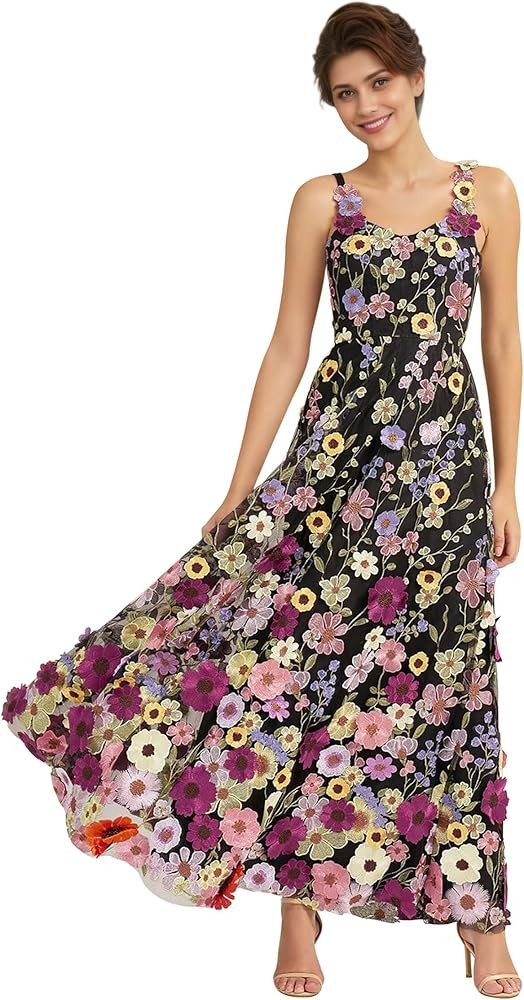 3D Floral Embroidery Prom Dresses for Women Long Spaghetti Straps Flower Applique Tulle Formal Go... | Amazon (US)