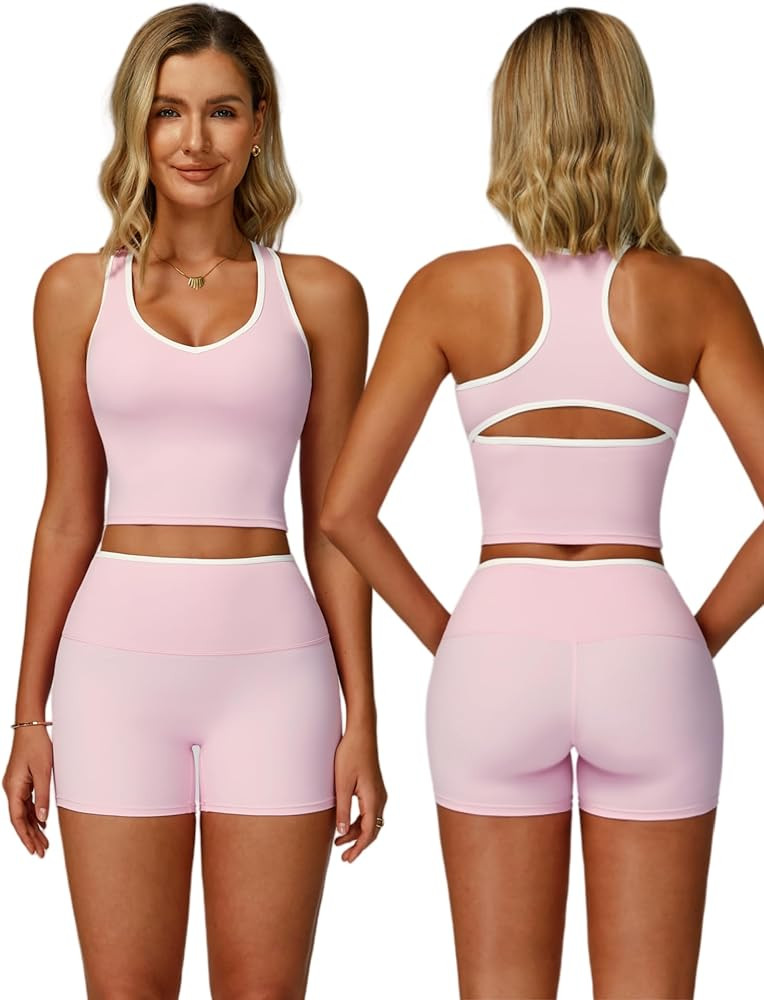 ABOCIW Workout Sets for Women 2 Piece Color Block V Neck Racerback Tank Top Built in Bra High Wai... | Amazon (US)