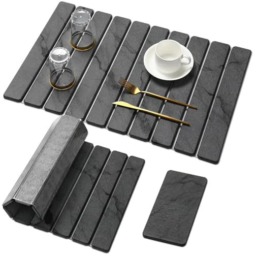 Large Stone Dish Drying Mat for Kitchen Counter, Quick Dry Stone Dishes Mats,Foldable Water Absorbing Diatomaceous Earth Drying Organizer Pad for Plate Rack Bottles Utensils(Dark Gray 24"×16" & 8"x4") | Amazon (US)