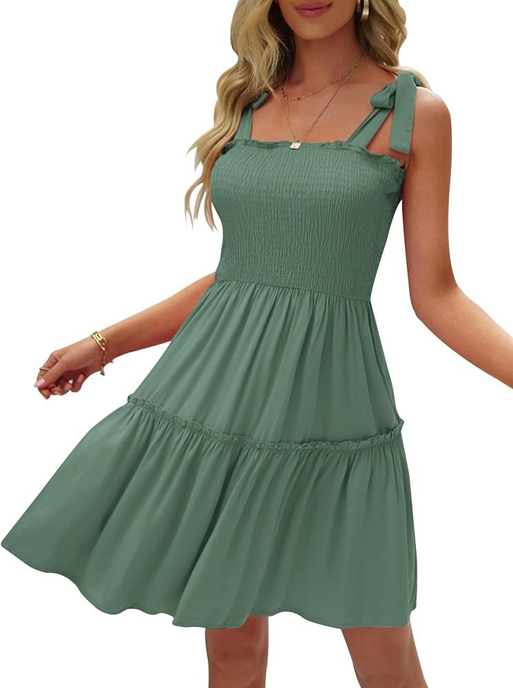 Womens Summer Casual Dresses Spaghetti Strap Smocked Mini Dress | Amazon (US)