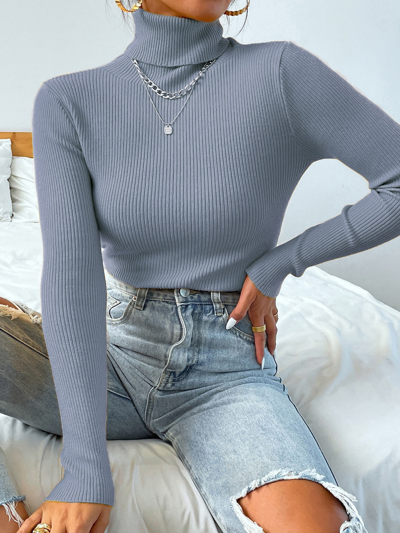 SHEIN Mulvari Turtleneck Ribbed Knit Sweater Without Necklace | SHEIN