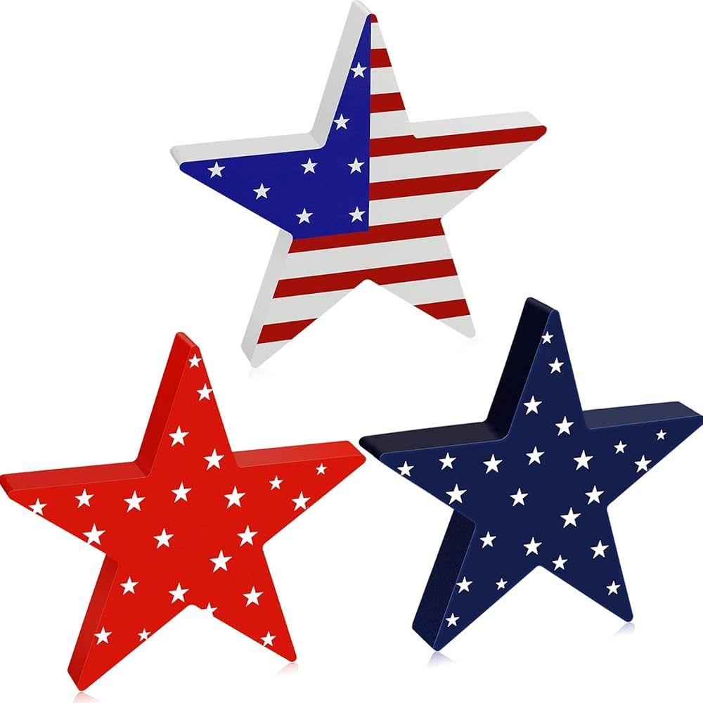 Youyole 3 Pieces Independence Day Wooden Star Blocks Patriotic Wood Star Standing Blocks 4th of J... | Amazon (US)