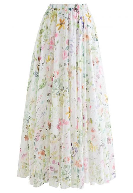 Watercolor Wild Flowers Printed Chiffon Maxi Skirt | Chicwish