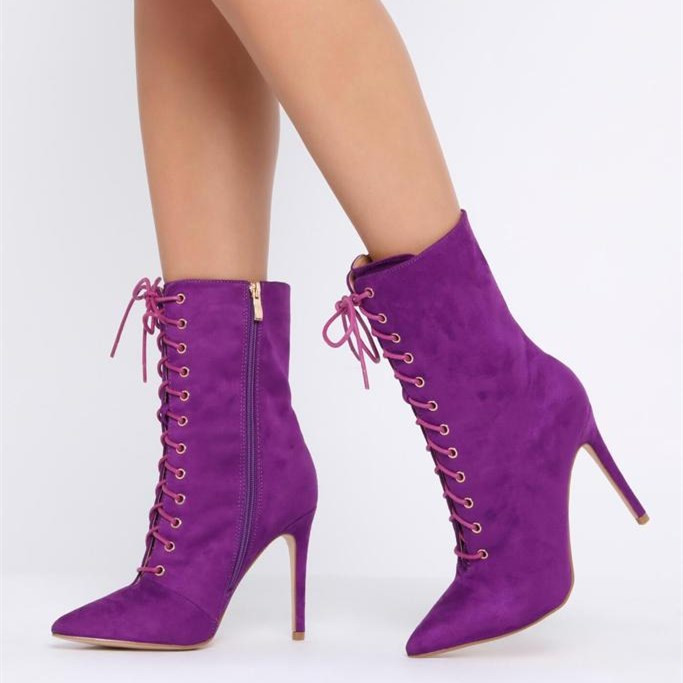 Purple Lace up Boots Pointy Toe Stiletto Heel Vegan Suede Ankle Boots | FSJshoes