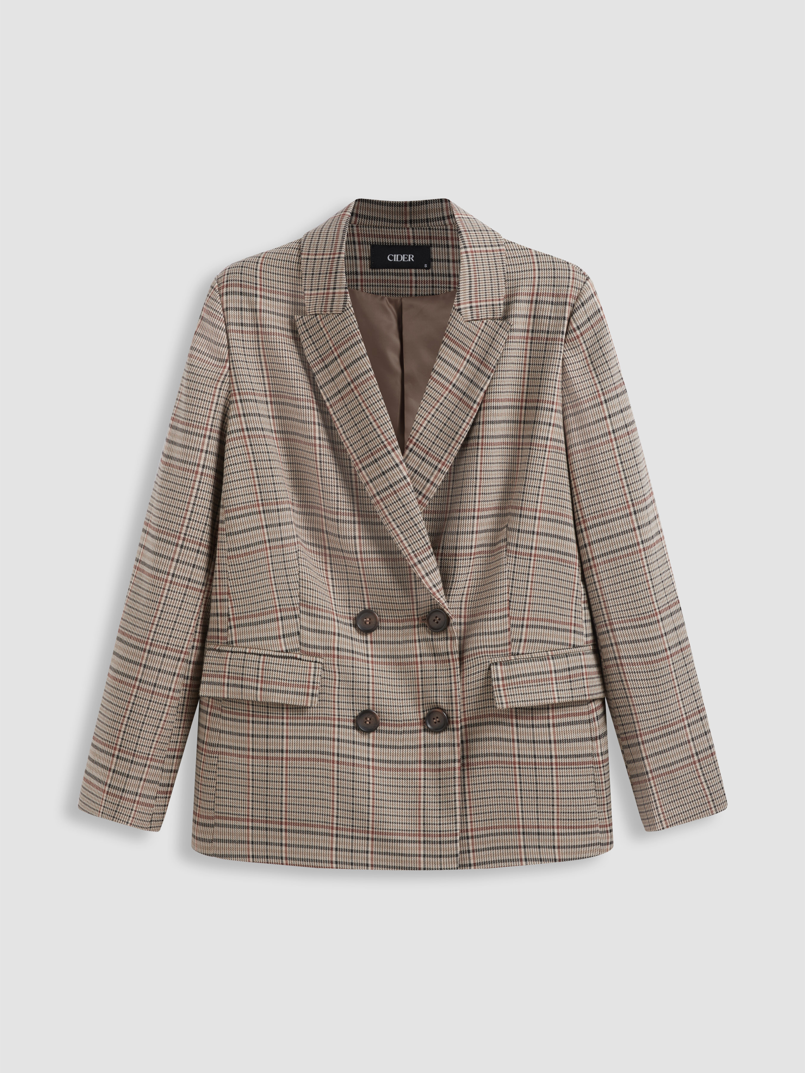 Woven Collar Check Botton Pocket Blazer For Work | Cider