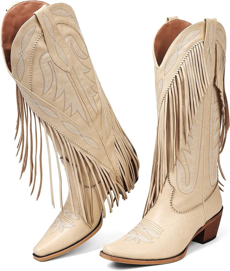 Cowgirl Boots for Women Retro Pointed Toe Pull On Block Chunky Heel Embroide Fringe Country Conce... | Amazon (US)