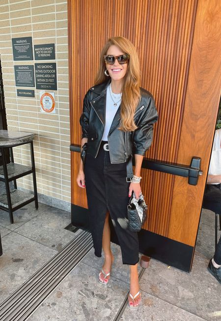 Did this rad leather moto jacket, black denim skirt, silver sandals a simple white tank for date night 🖤 had 5 minutes to get dressed & this was what i grabbed- these are all closet staples that you can wear so many ways! 
Xs in the jacket
Normal denim size in the skirt
Sandals run true

#LTKfindsunder100 #LTKstyletip #LTKshoecrush