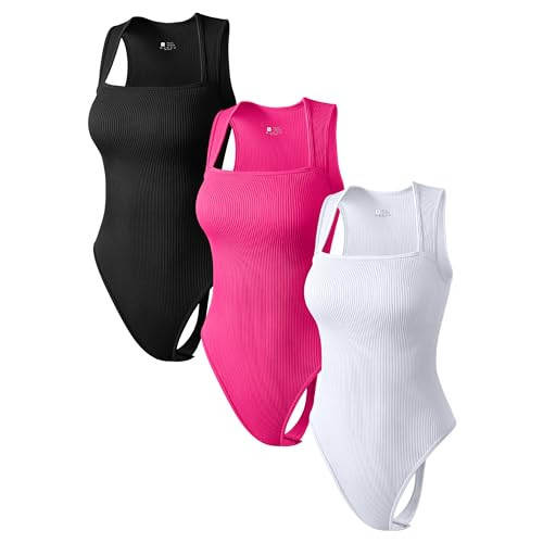OQQ Women's 3 Piece Bodysuits Sexy Thongs Ribbed Strappy Square Neck Tummy Control Bodysuits Black Pitaya White | Amazon (US)