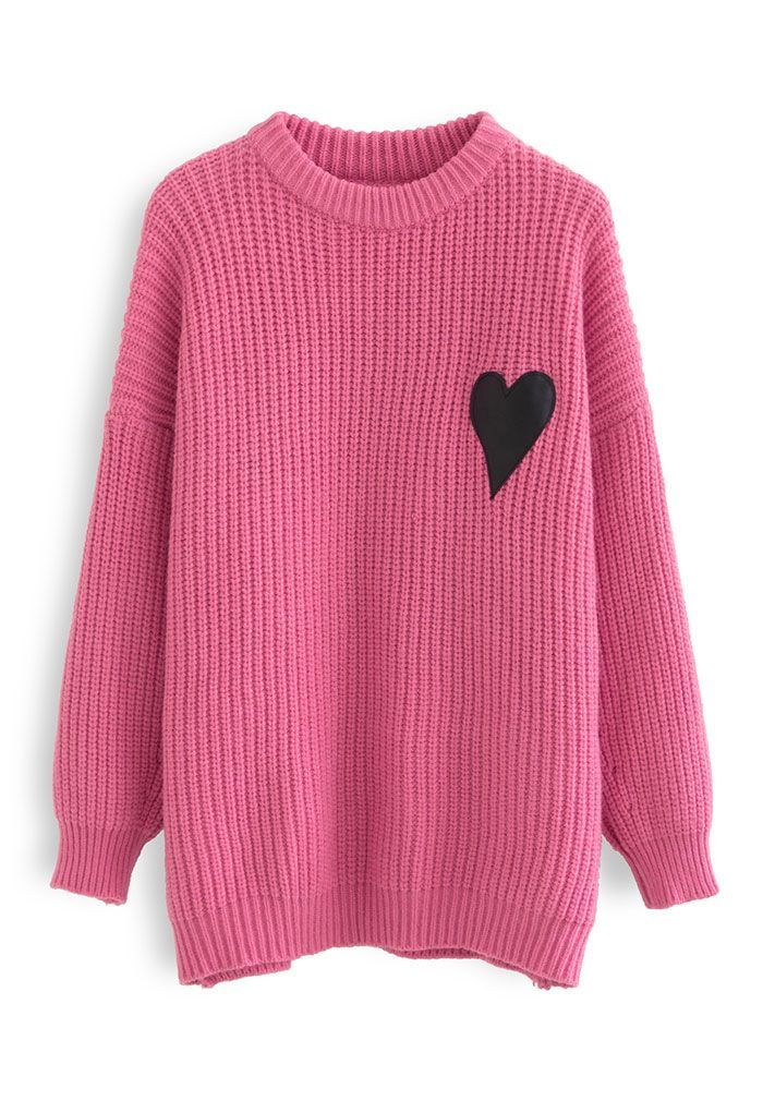 Heart Patch Knit Sweater Dress in Hot Pink | Chicwish