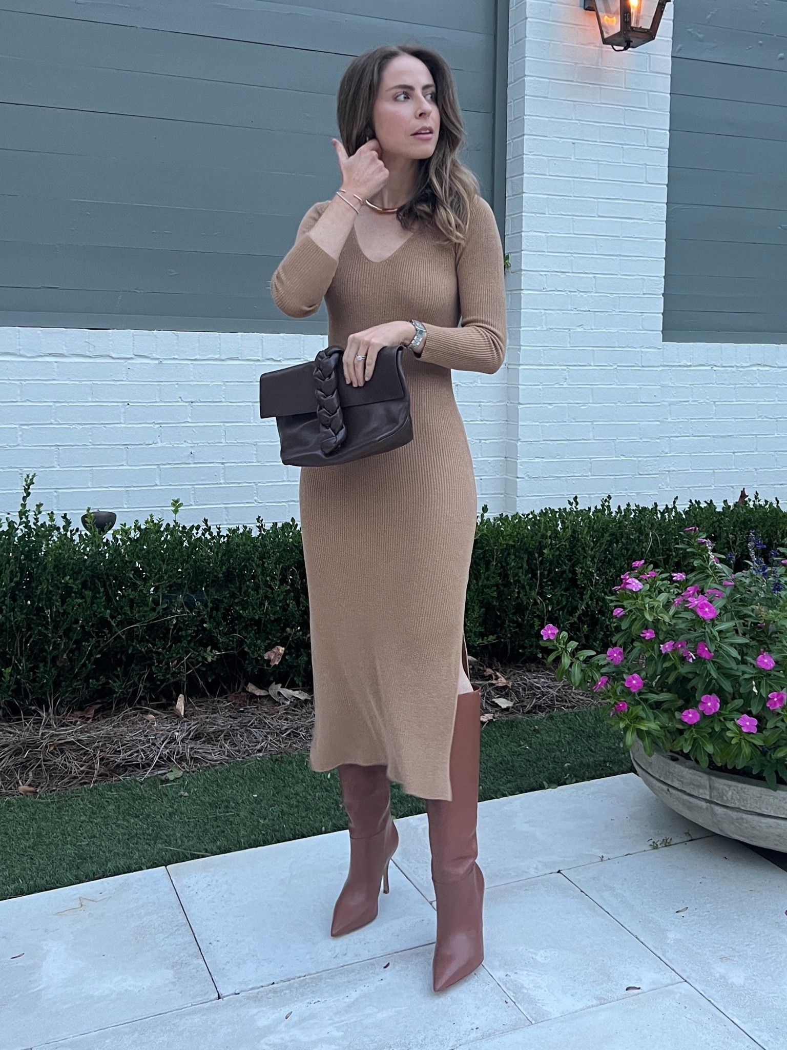Knit dress from Callahan wearing XS for fitted style
Larroude Camel tan knee high boots 
Chocolate brown DeMellier clutch

#LTKitbag #LTKshoecrush #LTKstyletip
