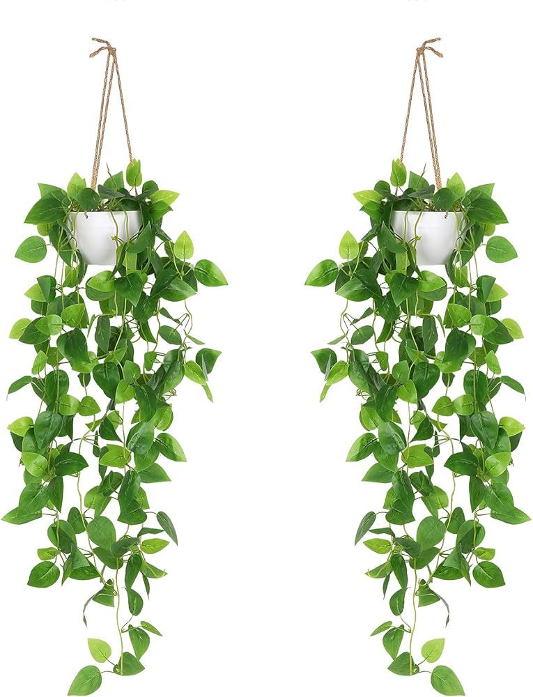 Faux Plants Indoor - 2Pcs Fake Hanging Potted Pothos Plant for Home Decor Artificial Greenery for... | Amazon (US)
