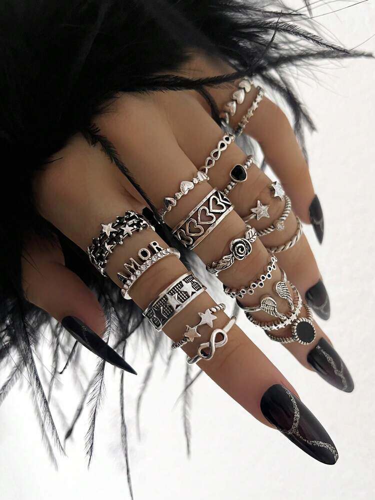 19pcs Hip-Hop & Retro Style 8-Shaped Star, Rose, Heart, Drip Oil Rings, Letter, Braided, Rhinestone Multi-Element Stackable Ring Set For Women | SHEIN