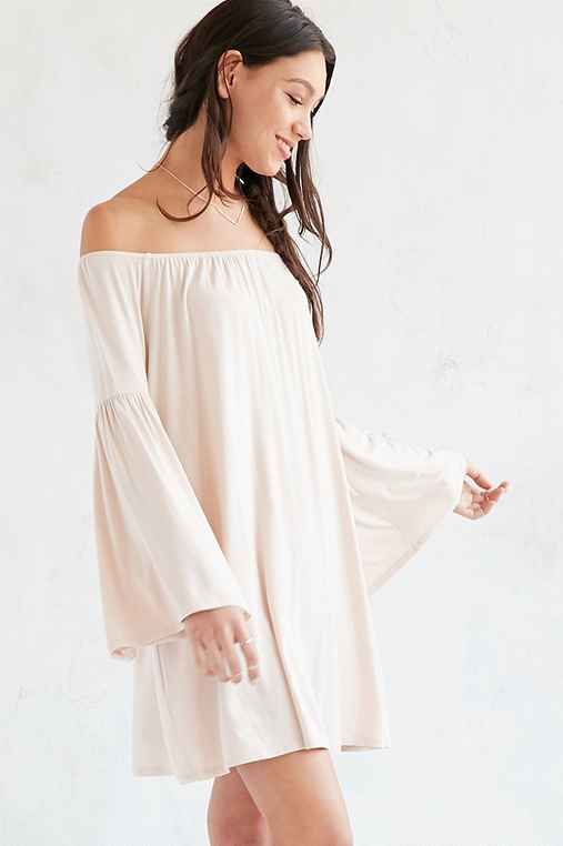 Ecote Knit Off-The-Shoulder Bell-Sleeve Frock Dress,NUDE,L | Urban Outfitters US