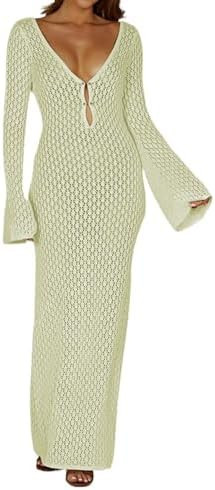 Leoparts Crochet Swimsuit Cover Up for Women Sexy V Neck Hollow Out Backless Maxi Dress Beach Bik... | Amazon (US)