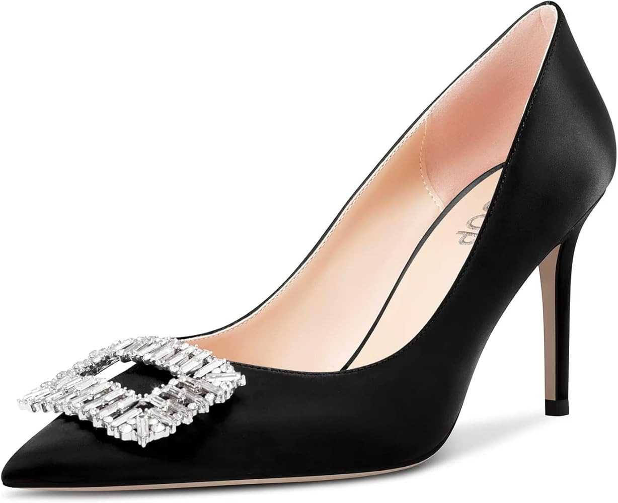 OISEGOP Womens High Heel Pointed Toe Pumps Slip-on Buckle Rhinestone Crystal Prom Dress Satin 3.2... | Amazon (US)