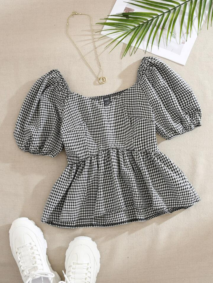 SHEIN VCAY Puff Sleeve Ruffle Hem Gingham Blouse | SHEIN