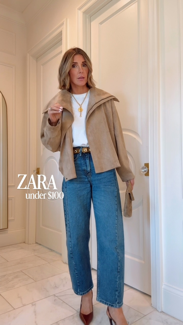 Zara outfit idea under $100 for fall! If you love neutrals, this jacket is perfect for you. I’m wearing size small in the jacket and 2 in the jeans, run tts!
