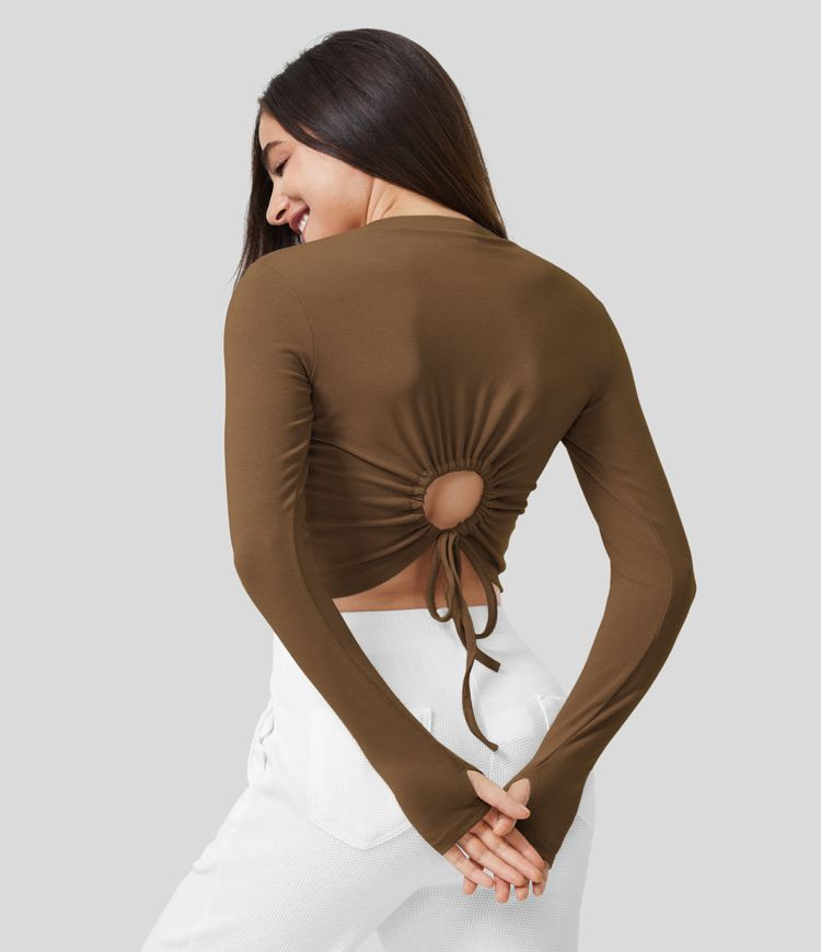 Ribbed Cut Out Drawstring Ruched Thumb Hole Cropped Casual Cotton Top | HALARA