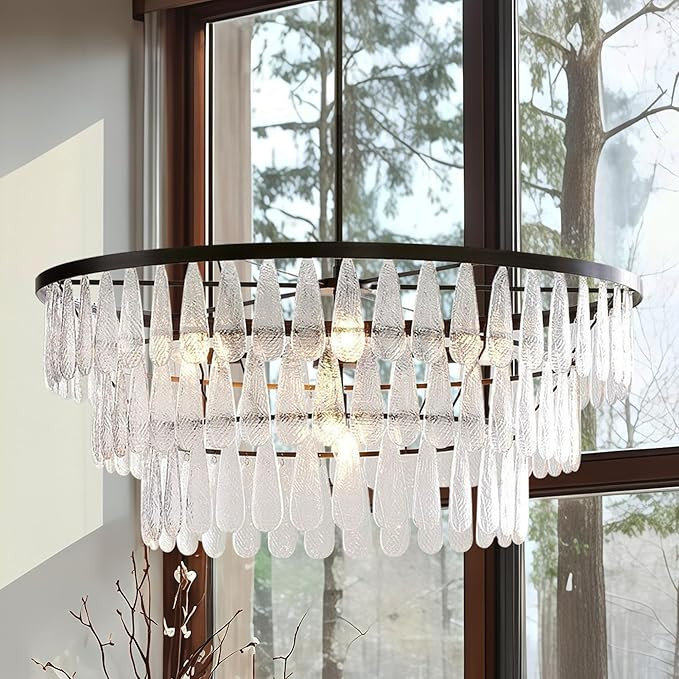 Mable Textured Glass Round Chandelier, Matte Black Metal Hanging Chandelier Over Kitchen Island, ... | Amazon (US)